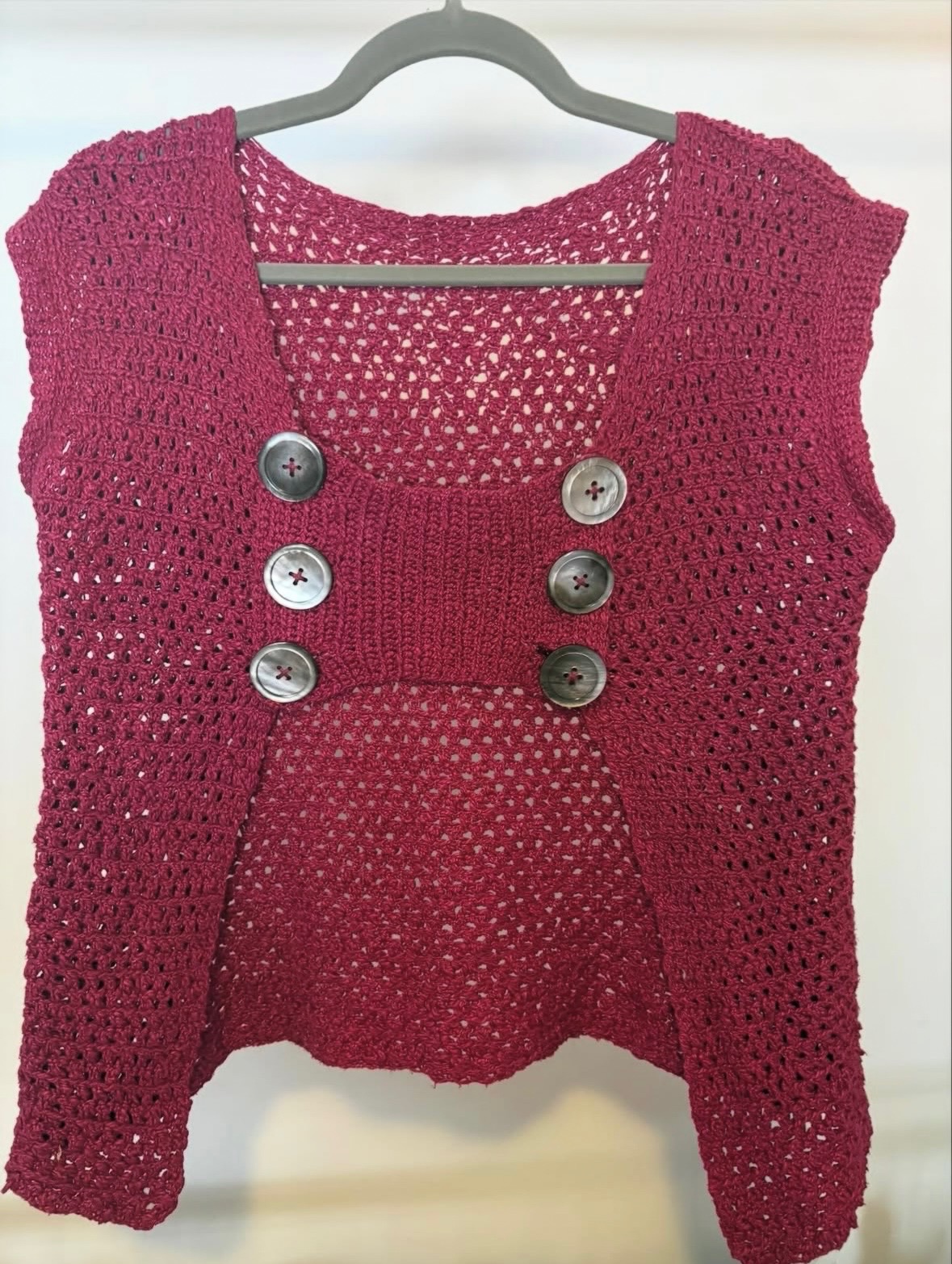 Burgundy crochet vest, front