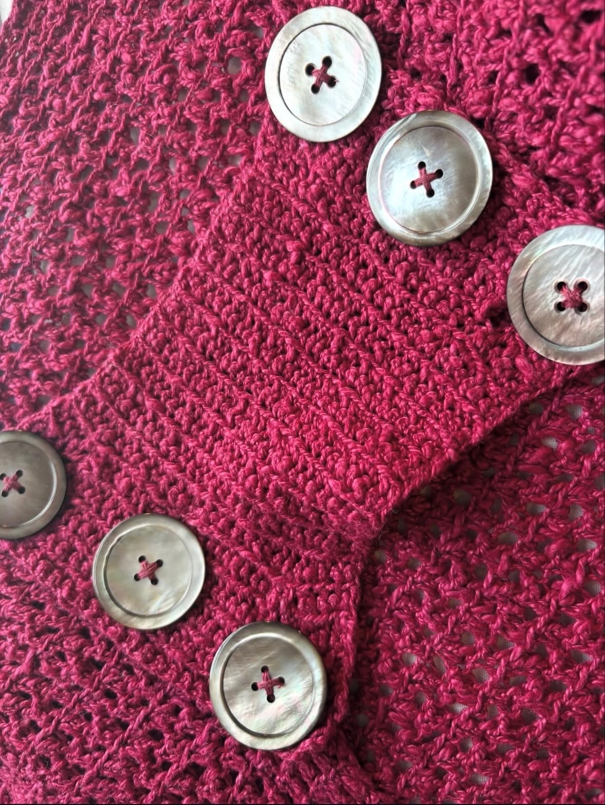 Burgundy crochet vest, mother-of-pearl buttons